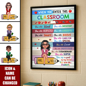 Colorful Teacher Sitting On Pencil Personalized Poster, Classroom Decoration