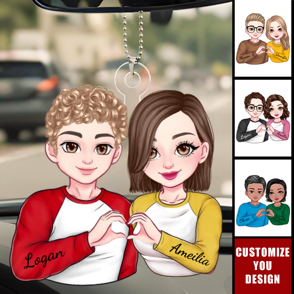 Cartoon Couple Heart Gesture - Personalized Acrylic Car Ornament, Anniversary Gift For Couple