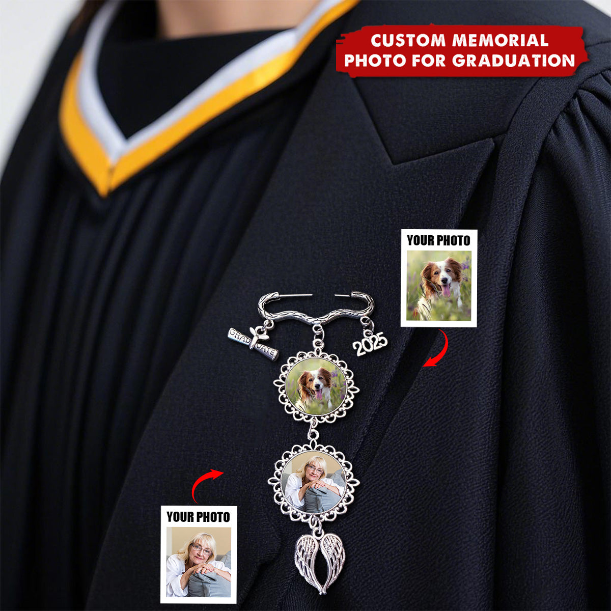 Graduation Custom Memorial Photo With Angel Wings Pendant Personalized Gown Charm Pin