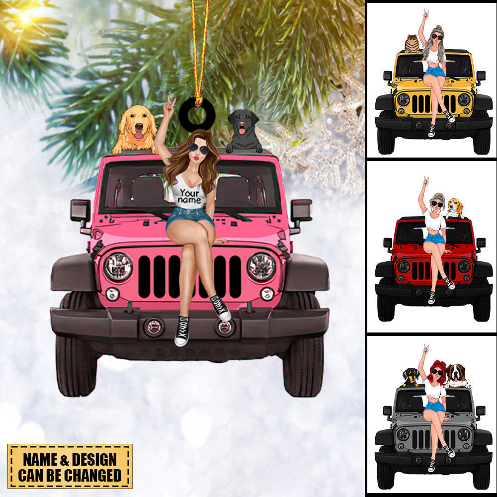 A Girl With Off-Road Car And Dog - Personalized Christmas Ornament