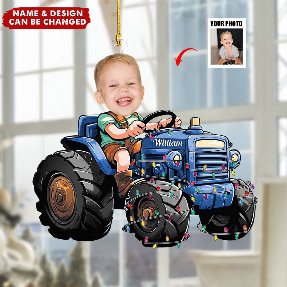 Just A Boy Who Loves Tractor Custom Kid Face - Personalized Acrylic Photo Ornament