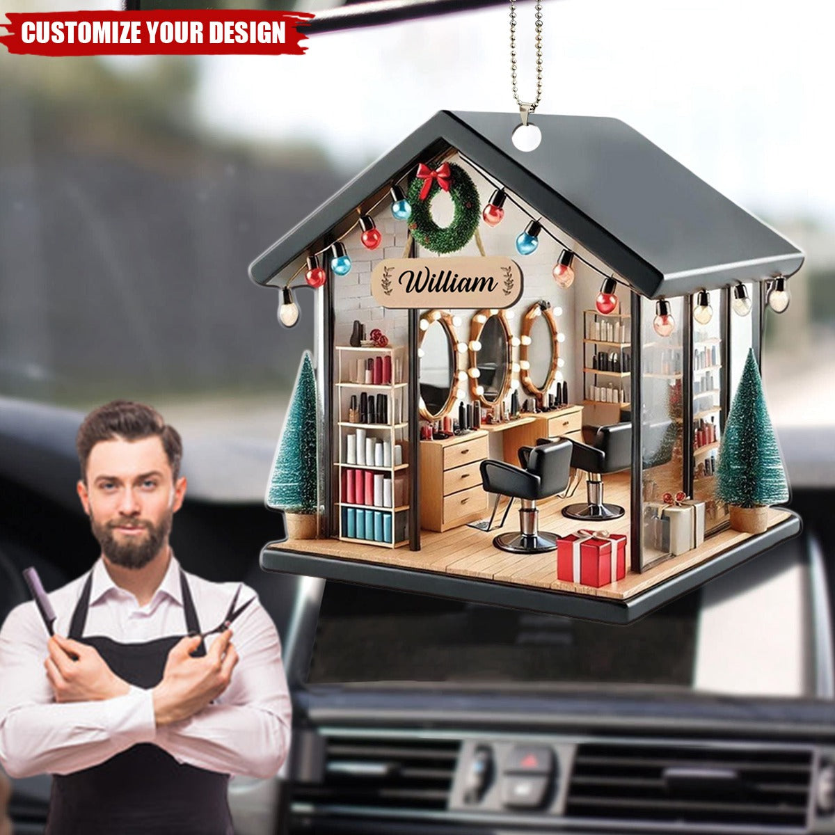 Personalized Hair Salon Car Ornament, Hair Stylist Ornament, Hairdresser Gifts, Car Ornament Hair Salon