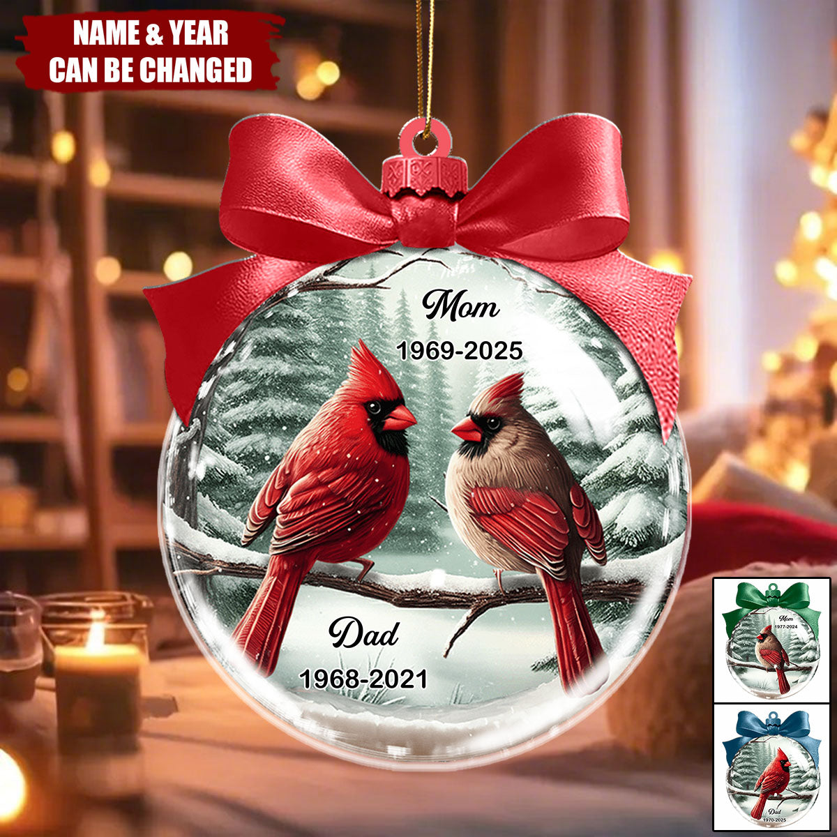 Winter Scene Memorial Cardinal Acrylic Ornament - Personalized Memorial Ornament