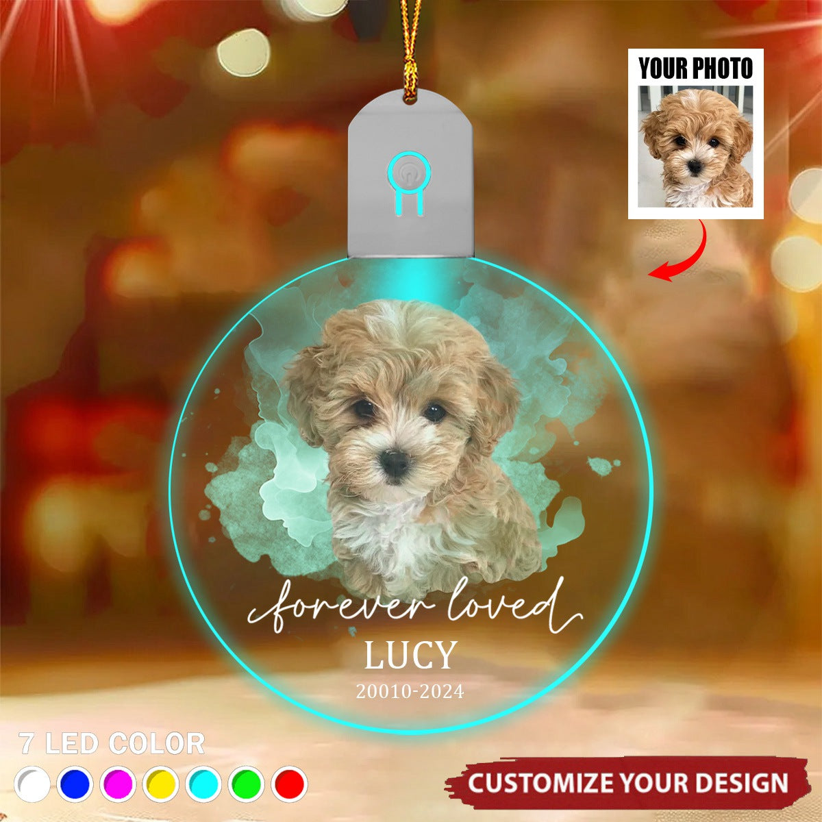 Custom Photo Forever Love Dog Christmas Circle Led Acrylic Ornament