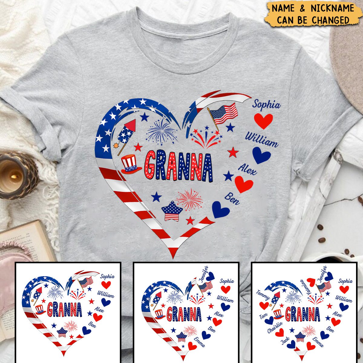 4th of July Nana Grandma Mom Gigi Kids Heart In Heart Personalized T-shirt