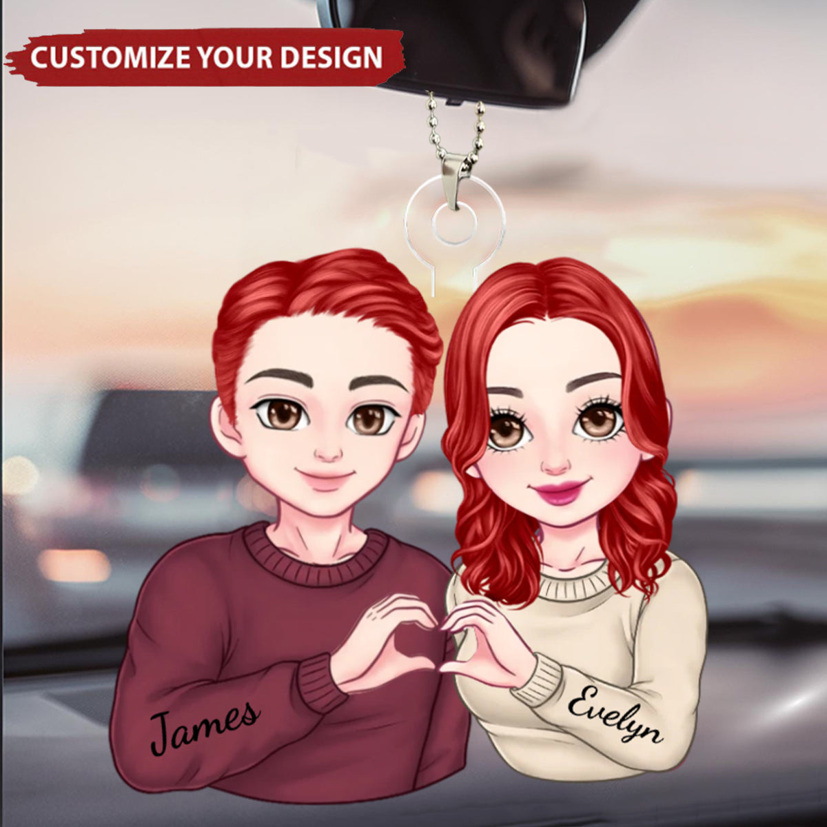 Cartoon Couple Heart Gesture - Personalized Acrylic Car Ornament, Anniversary Gift For Couple