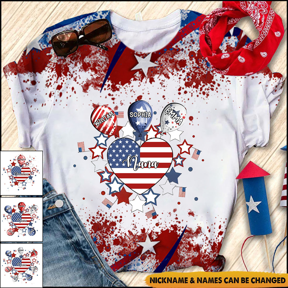 4th July American Flag Sweet Heart Nana Auntie Mom Little Kids Personalized 3D T-shirt