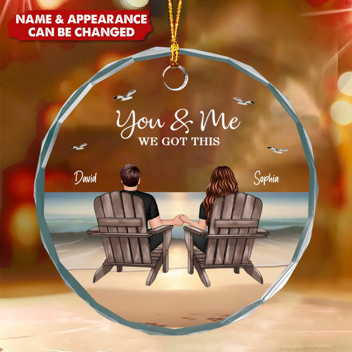 Couple Sitting Eternal Sunset Beach Personalized Circle Glass Ornament
