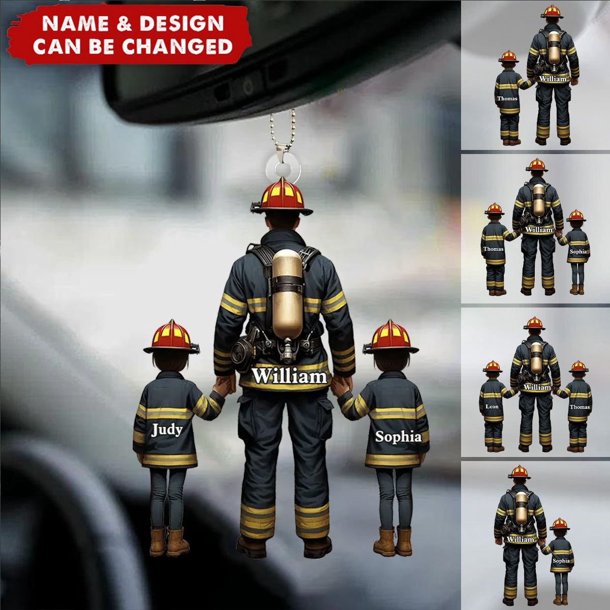 Firefighter Dad And Kid Together - Personalized Acrylic Car Ornament