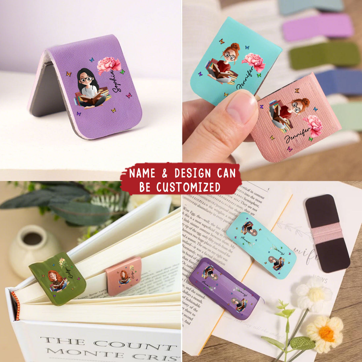 Birth Flower Book Lovers - Personalized Leather Magnetic Bookmark