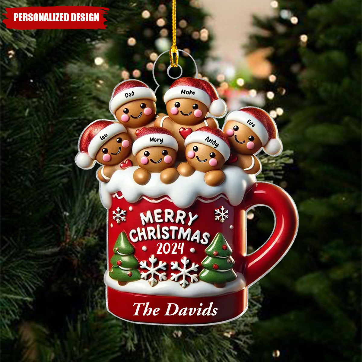 Gingerbread Family In Hot Cocoa Christmas Decor Personalized Acrylic Ornament