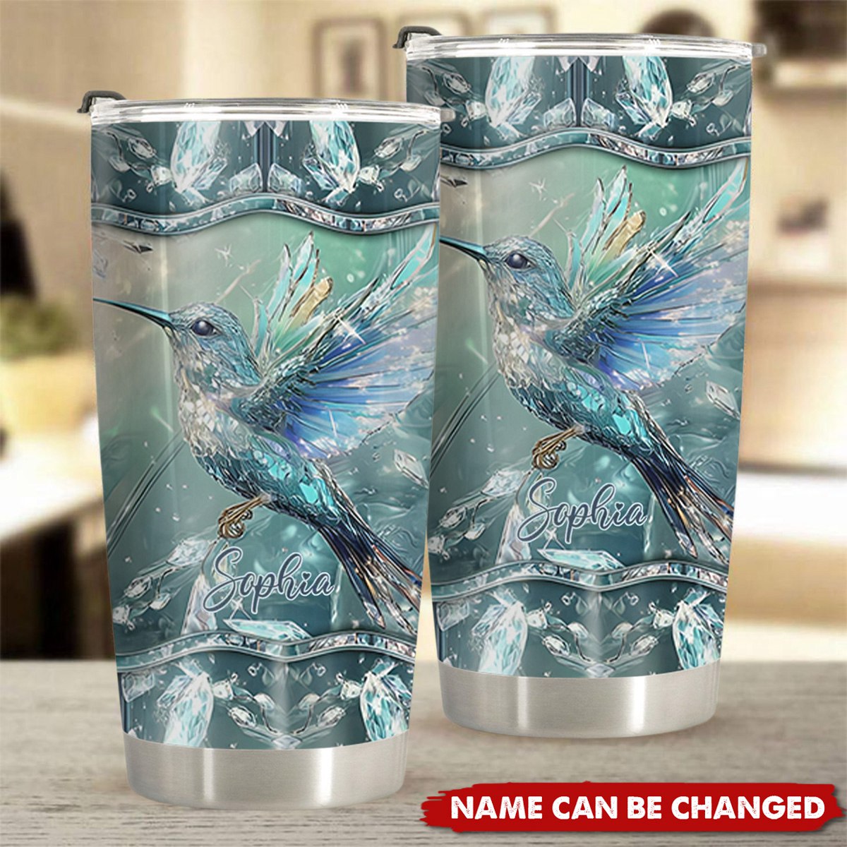 Crystal Radiance Iridescent Hummingbird Glass Art Personalized Name Tumbler