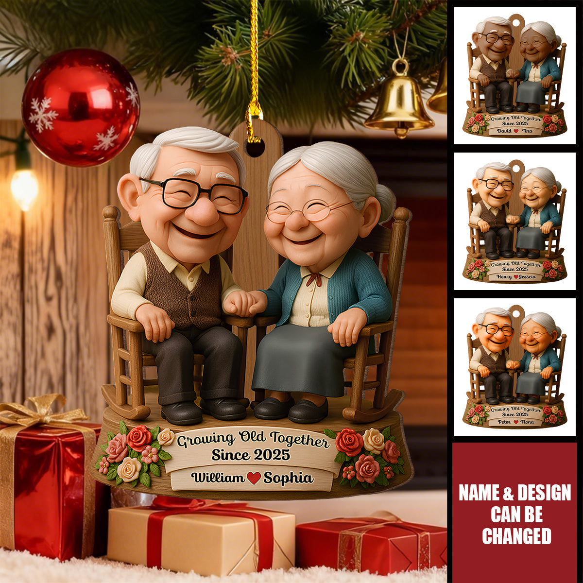 Growing Old Together, Elderly Couple On Rocking Chair, Custom Wood Ornament