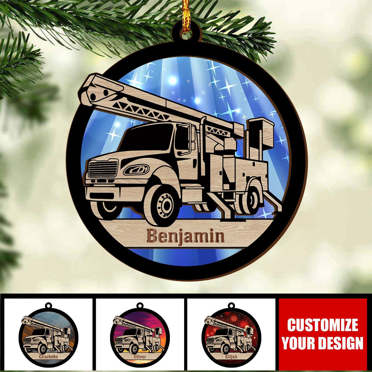 Custom Lineman Truck Ornament - Personalized 2-Layer Wooden Ornament