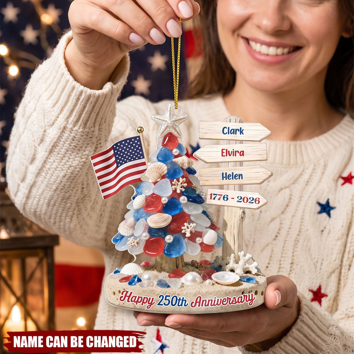 Stars, Stripes & Holiday Lights - Personalized Acrylic Ornament - Gift For Family