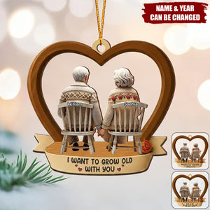 3D Back View Old Couple Growing Old Together - Personalized Wooden Ornament