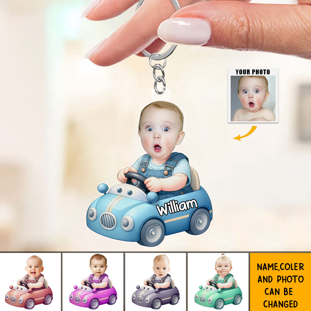 Personalized Cute Car Kids Photo Keychain
