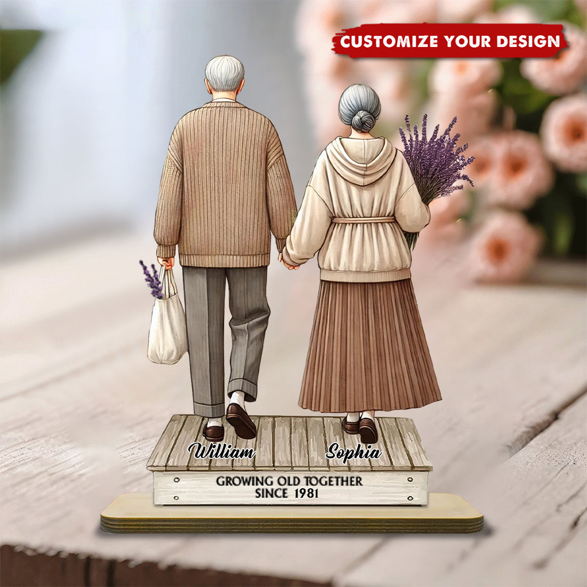 Old Couple Holding Hands Walking - Personalized Standing Wooden Plaque