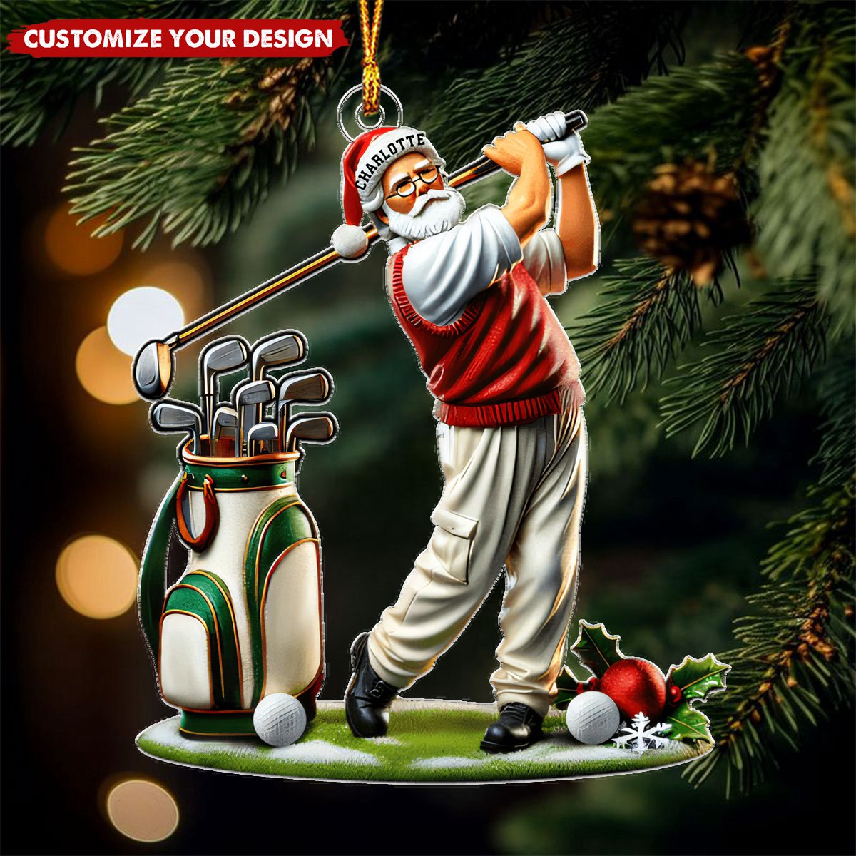 Custom Name Golf Santa - Personalized Acrylic Christmas Ornament, Gift For Golf Lover