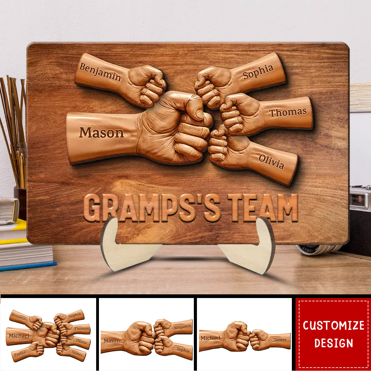 Daddy Team Fist Bump Personalized 2-Layered Standing Wooden Plaque, Father's Day Gift