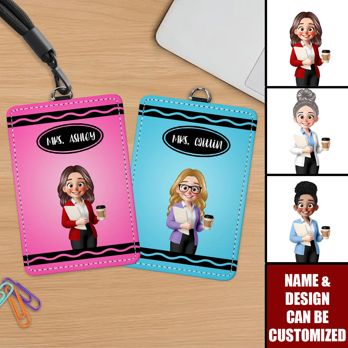 Crayon Themed Cartoon Teacher Personalized ID Badge Holder, Back To School Gift