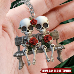 Skull Couple With Red Roses - Couple Personalized Acrylic Keychain