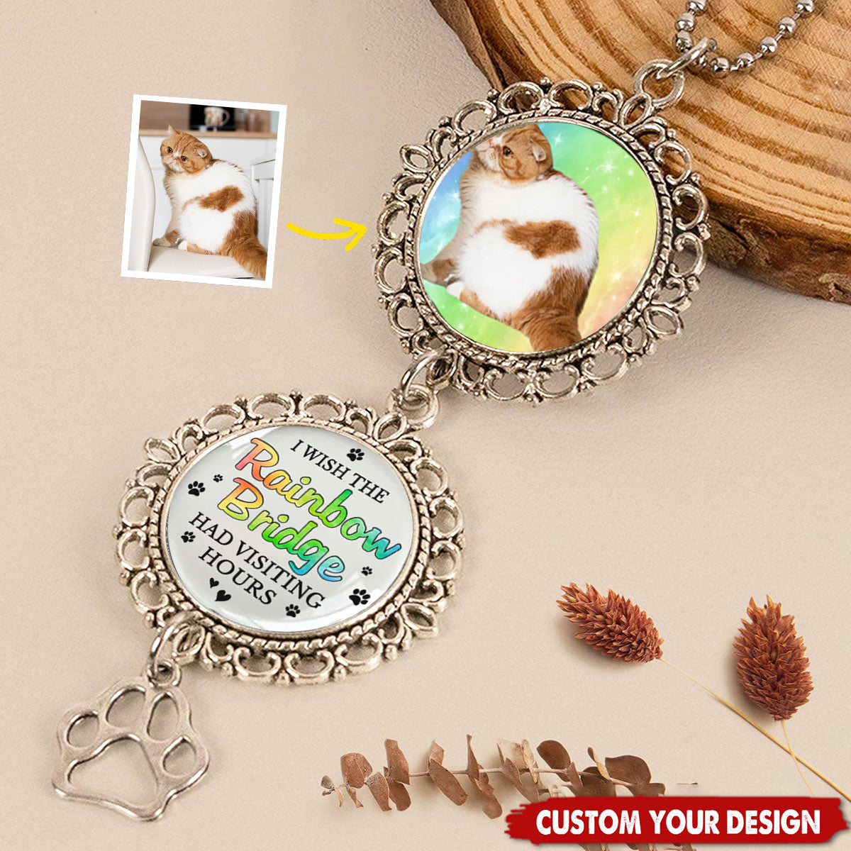 Custom Photo A Piece Of My Heart Is At The Rainbow Bridge - Memorial Personalized Metal Car Hanging Ornament With Charm
