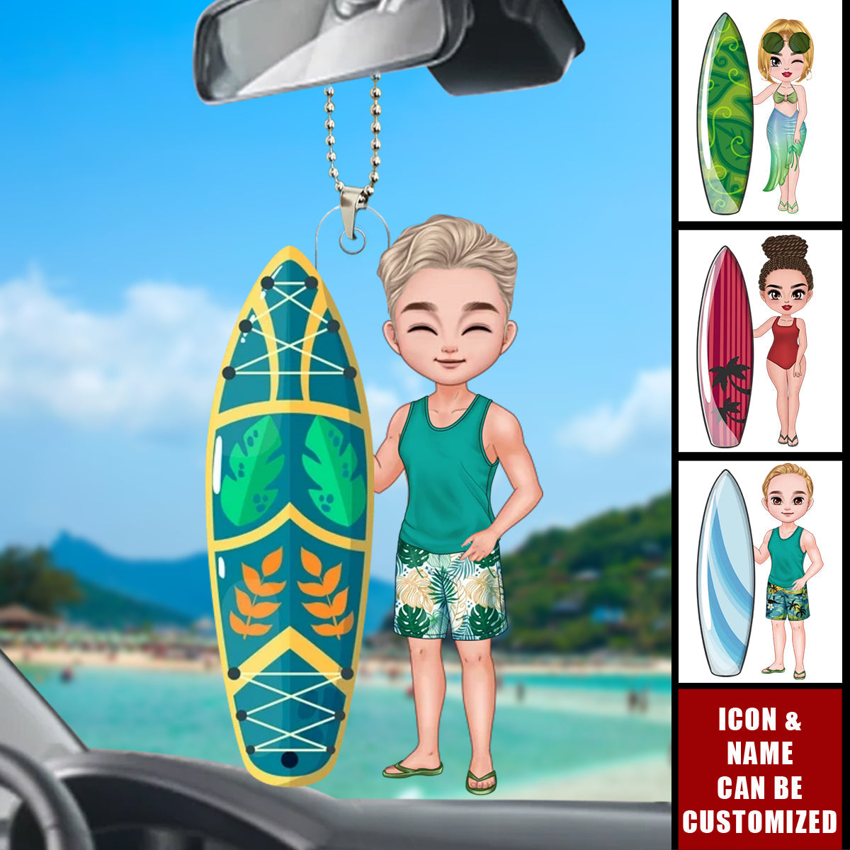 Surfboard Cartoon Character - Personalized Acrylic Car Ornament