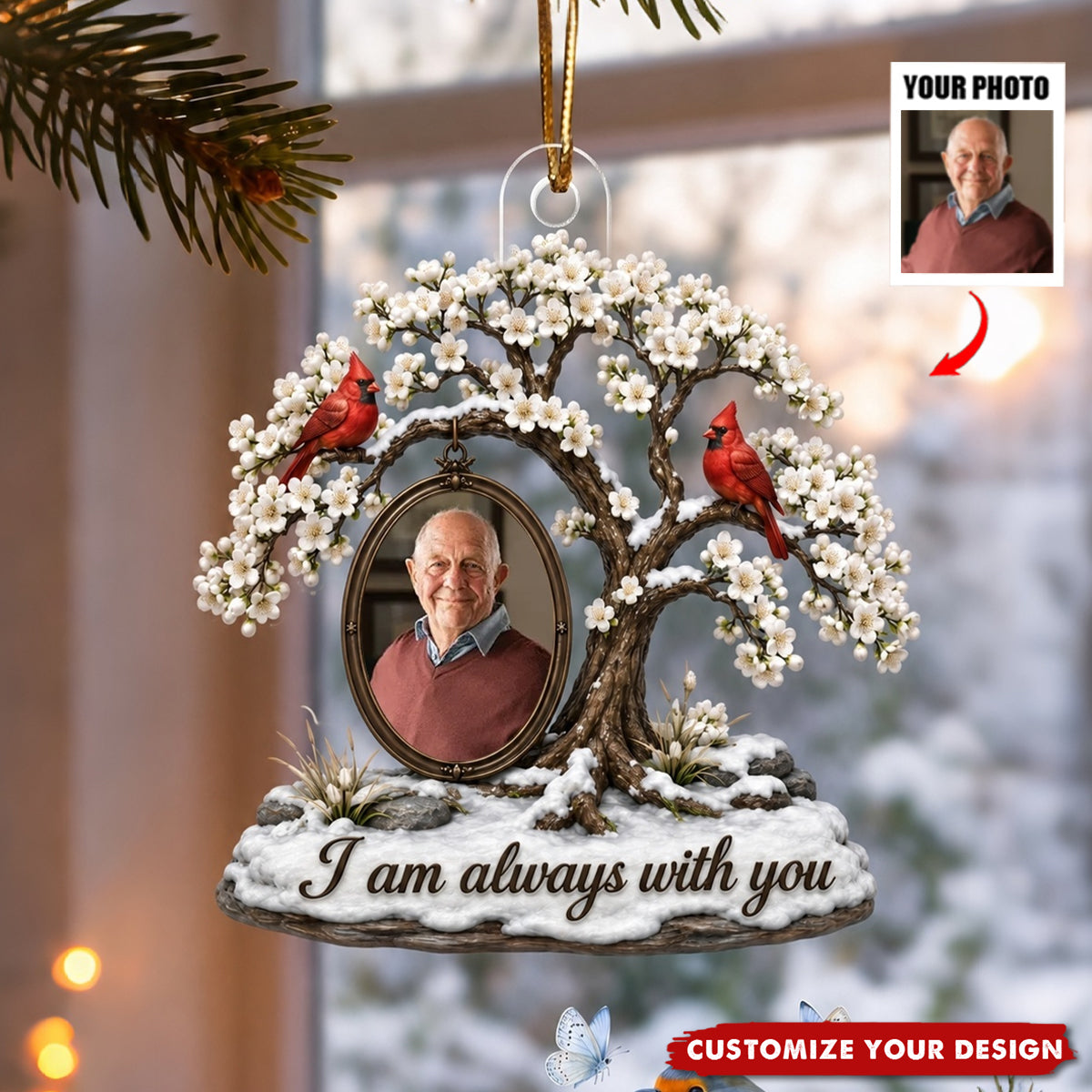 Cardinal Blossom Tree Custom Photo of Beloved One - Personalized Acrylic Ornament