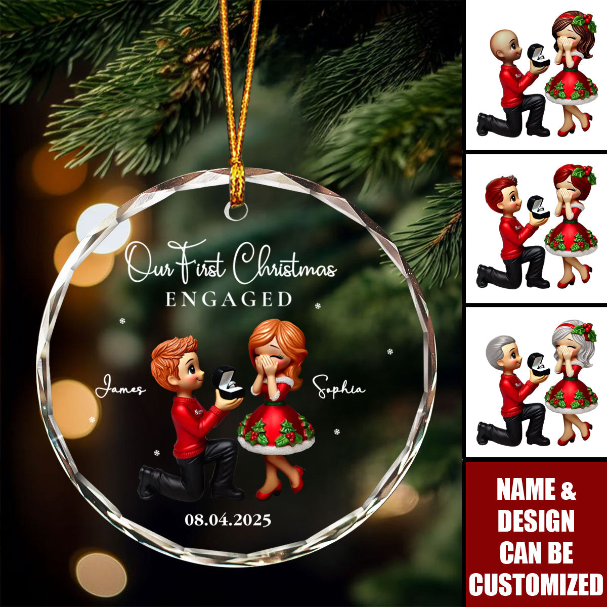 Our First Christmas Engaged Married - Couple Personalized Glass Ornament