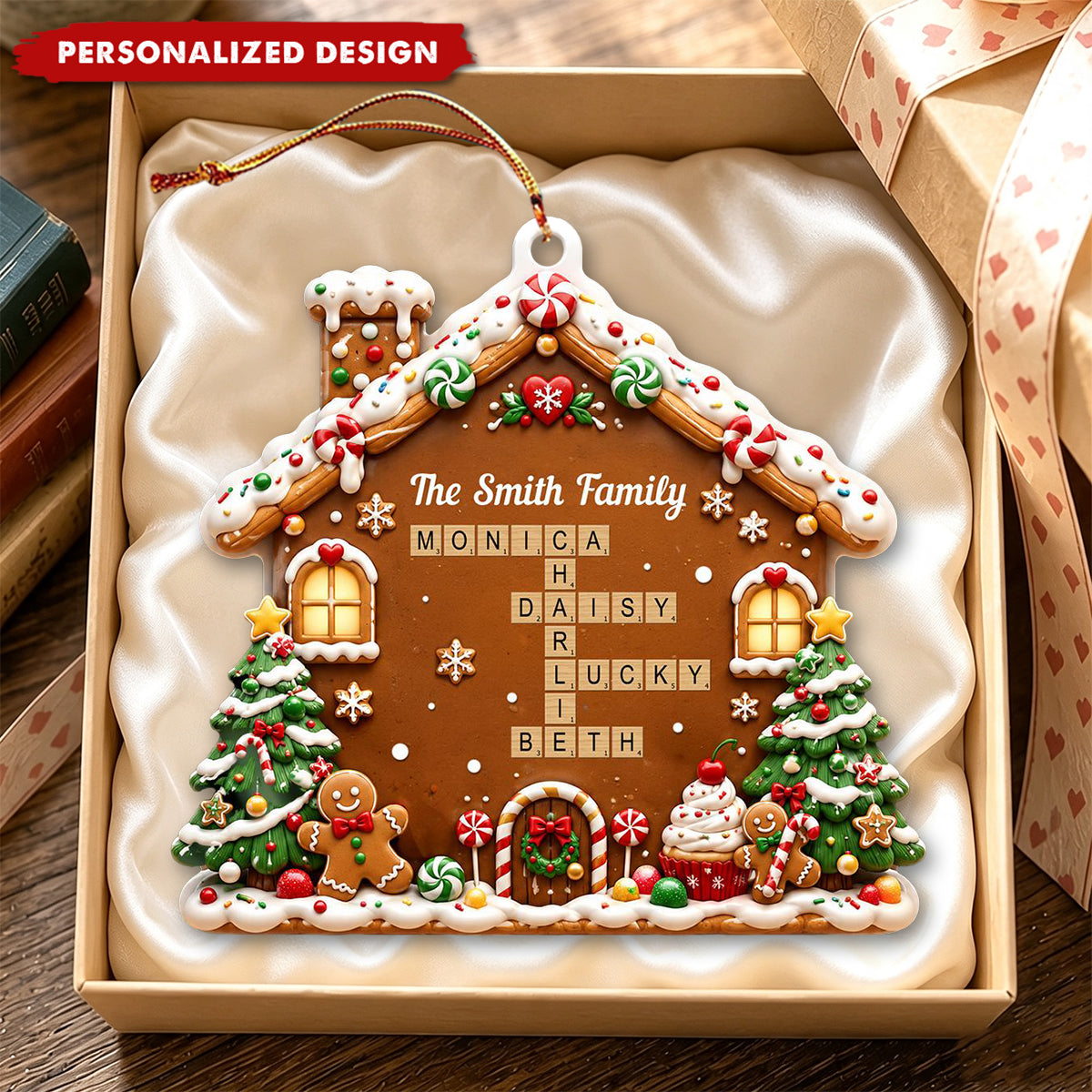 Personalized Gingerbread House Christmas Acrylic Ornament - Custom Family Names