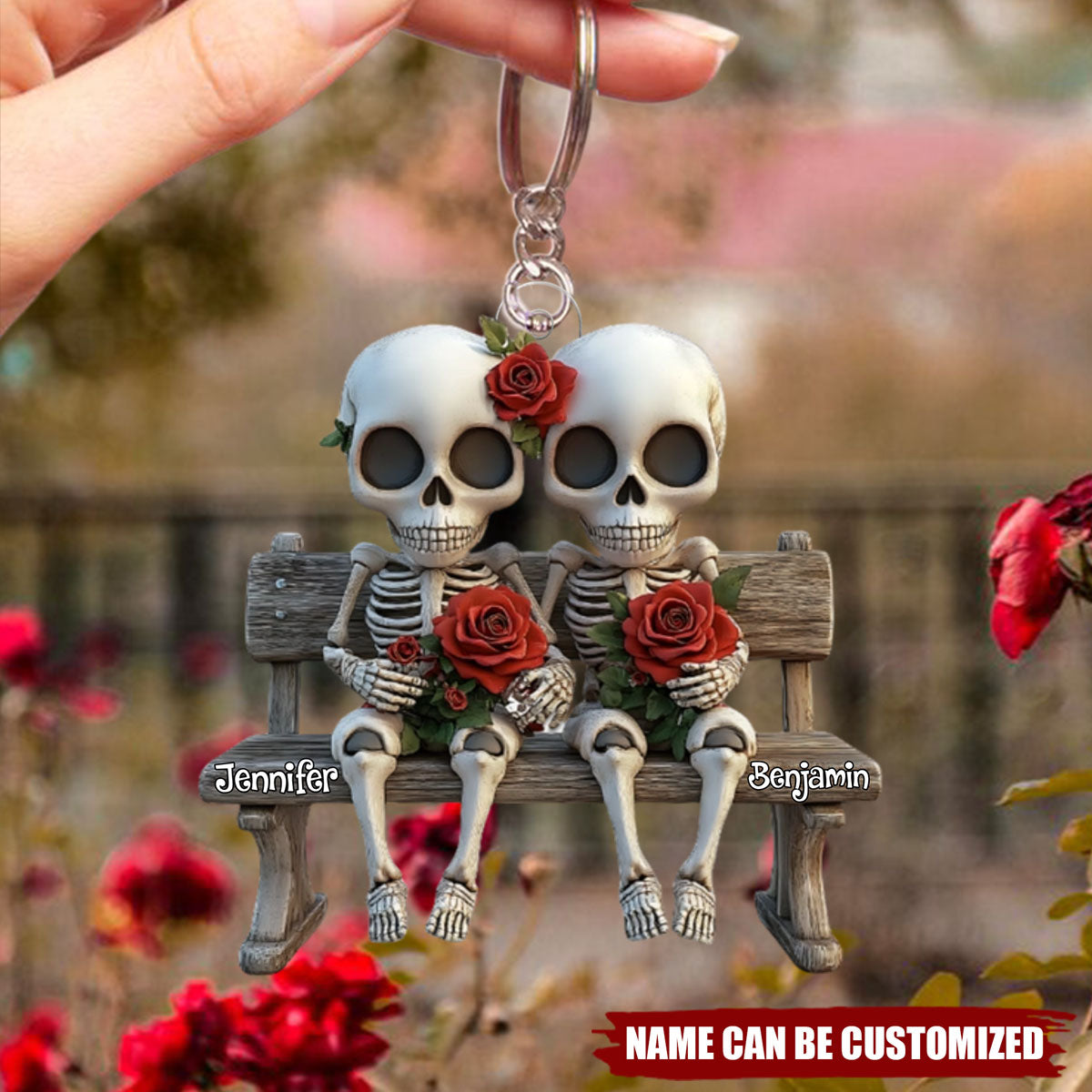 Skull Couple With Red Roses - Couple Personalized Acrylic Keychain