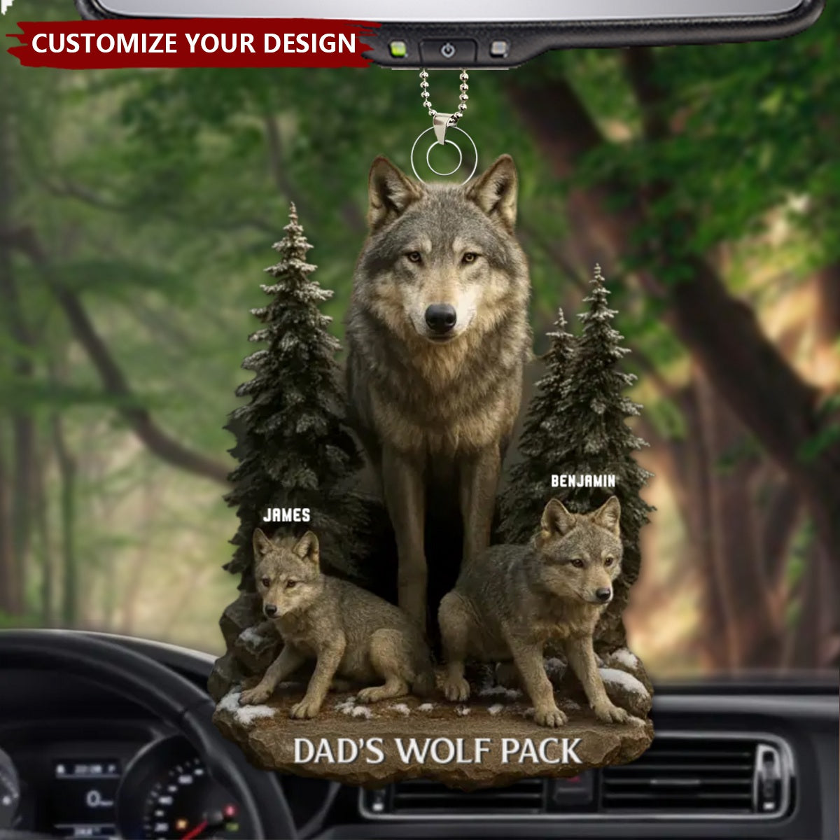 Wolf By Nature, Dad By Heart - Personalized Acrylic Car Ornament, Gift For Dad, Grandpa