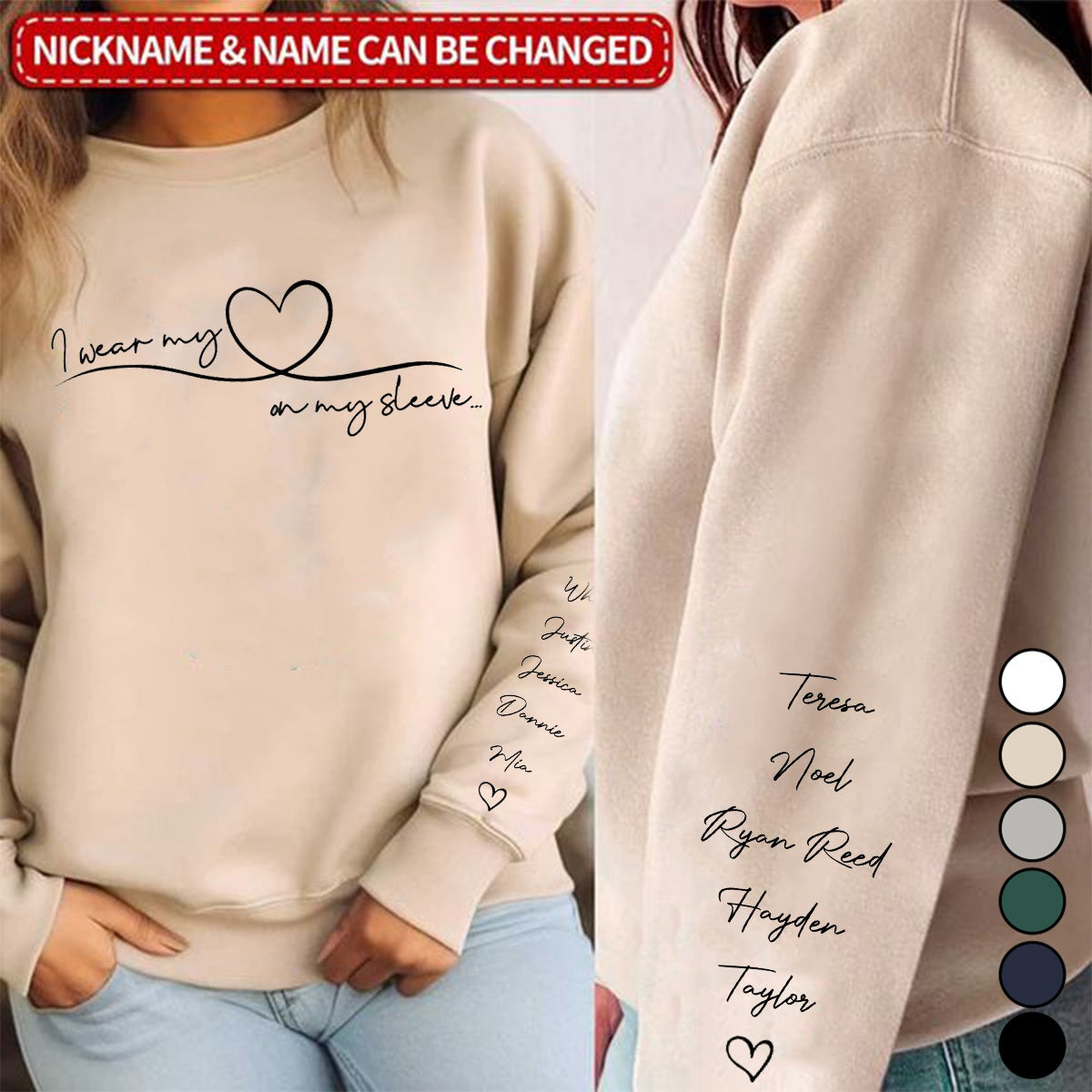 I Wear My Heart On My Sleeve - Family Personalized Custom Unisex Sweatshirt With Design On Sleeve - Birthday Gift For Mom, Grandma