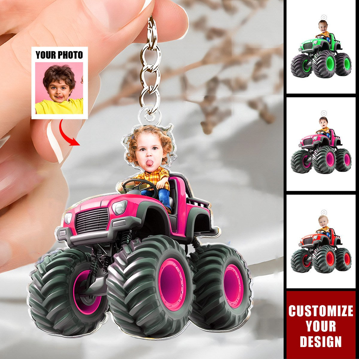 Custom Face Kid Riding Monster Truck - Personalized Acrylic Keychain, Gift For Toddler, Kid