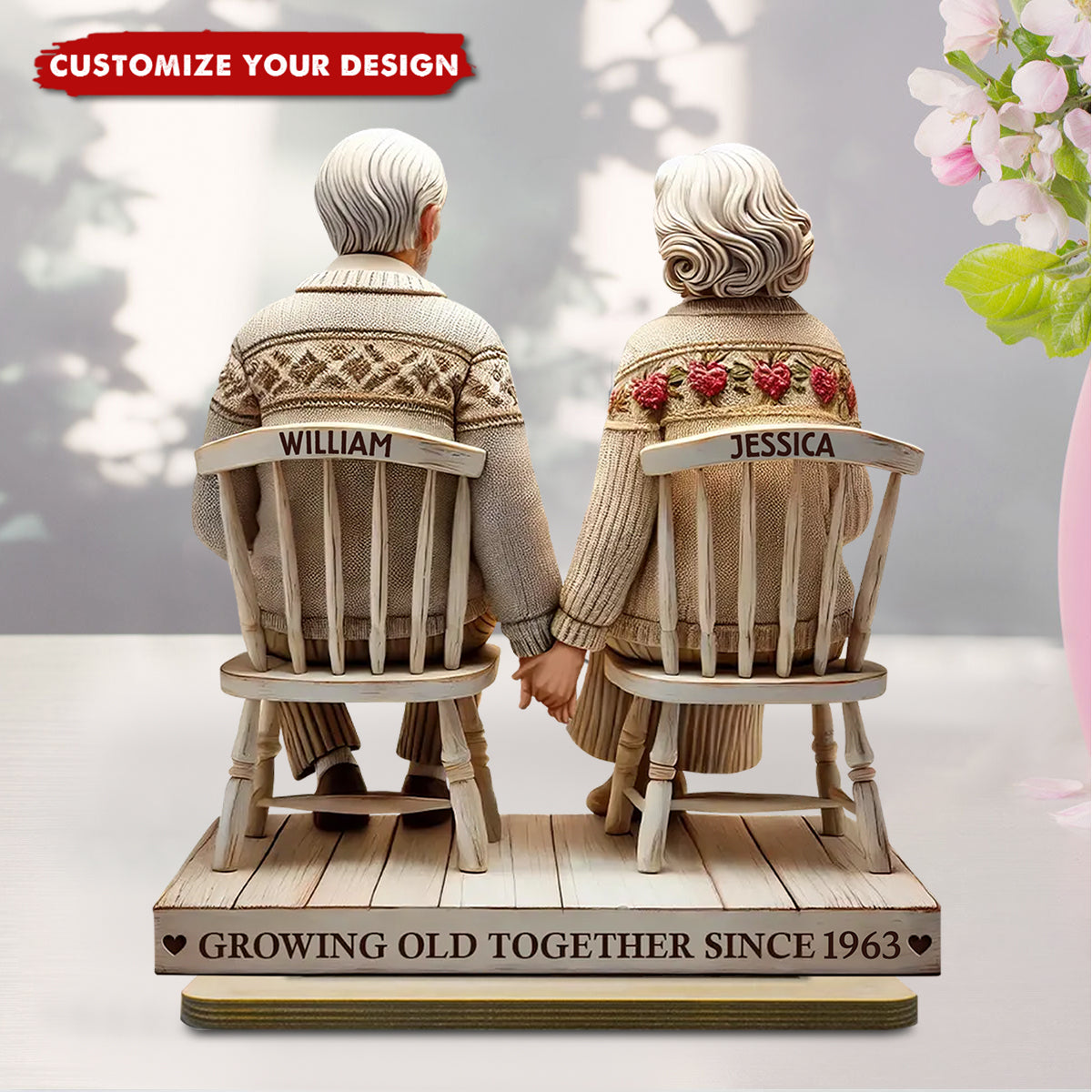 Old Couple Holding Hands Sitting Together - Personalized Standing Wooden Plaque