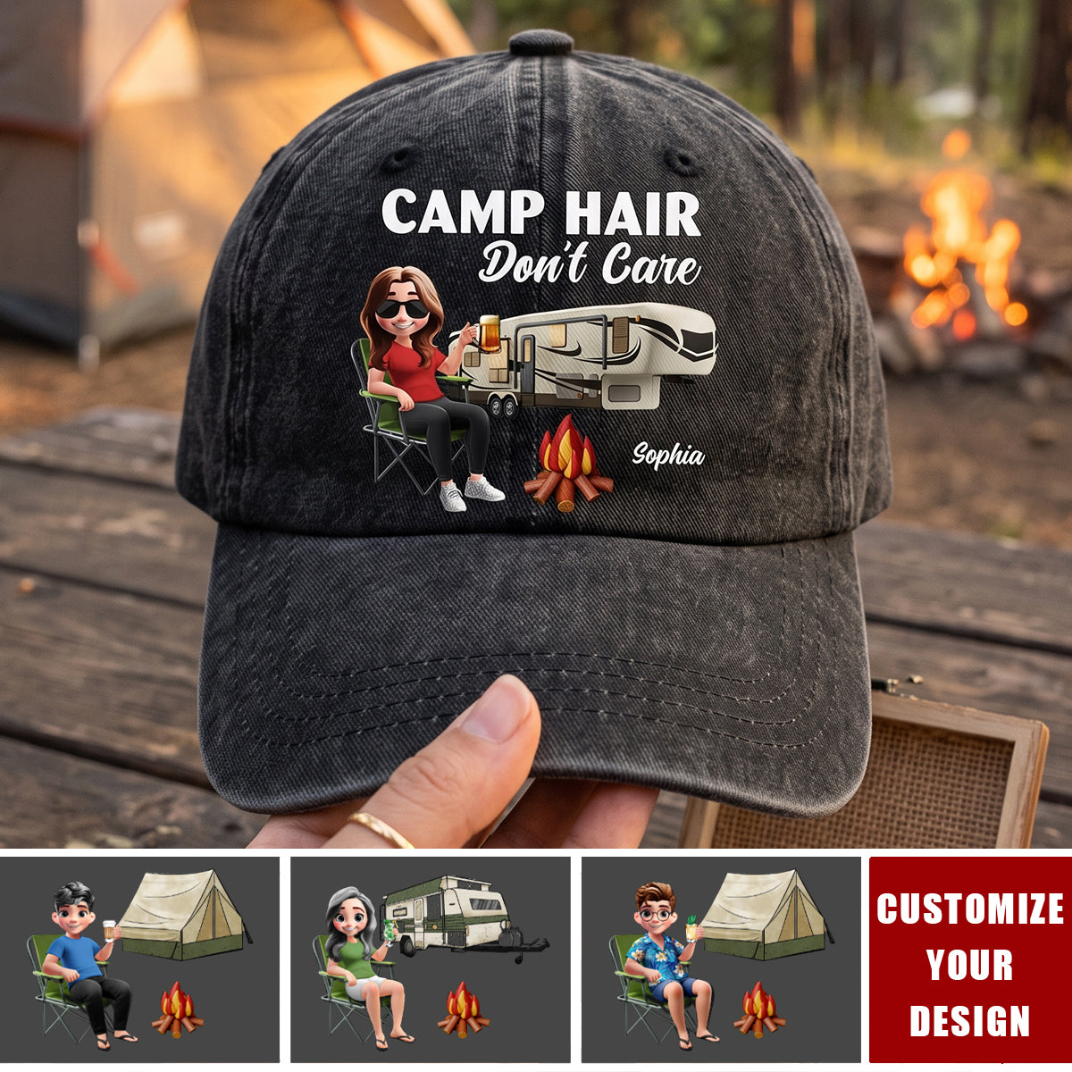 Camp Hair Don't Care Camping - Personalized Vintage Washed Denim Cap