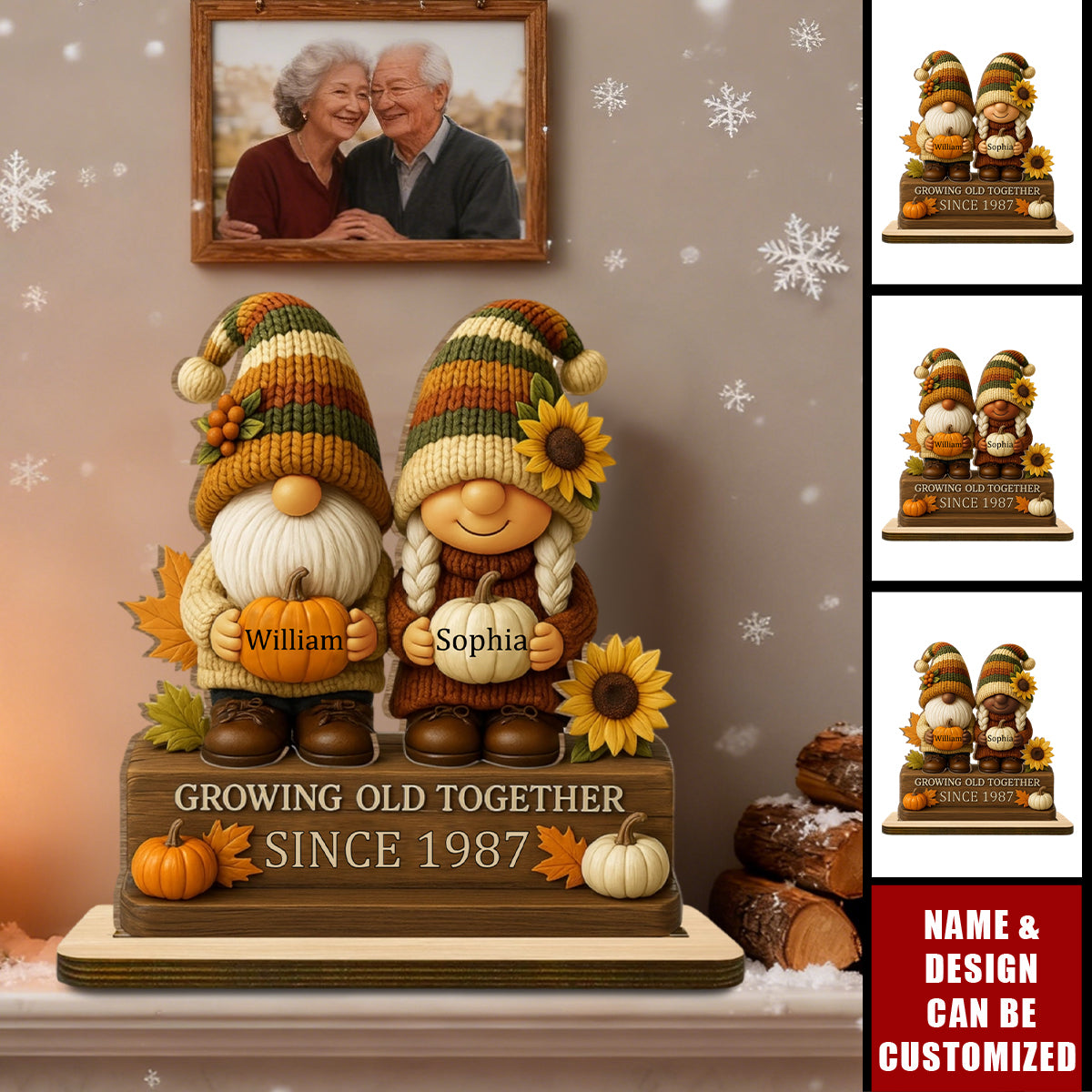 Growing Old Together, Dwarf Couple With Sunflowers And Pumpkins - Personalized Standing Wooden Plaque
