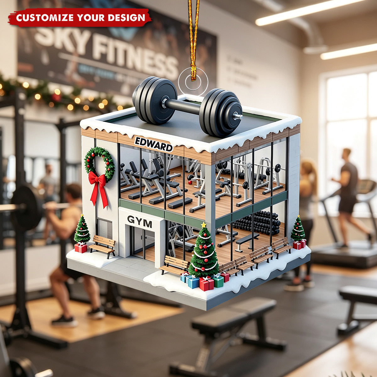 Gym Fitness Christmas Ornament, Custom Name Ornament with Dumbbells, Christmas Tree Ornament