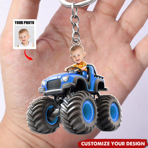 Custom Face Kid Riding Monster Truck - Personalized Acrylic Keychain, Gift For Toddler, Kid