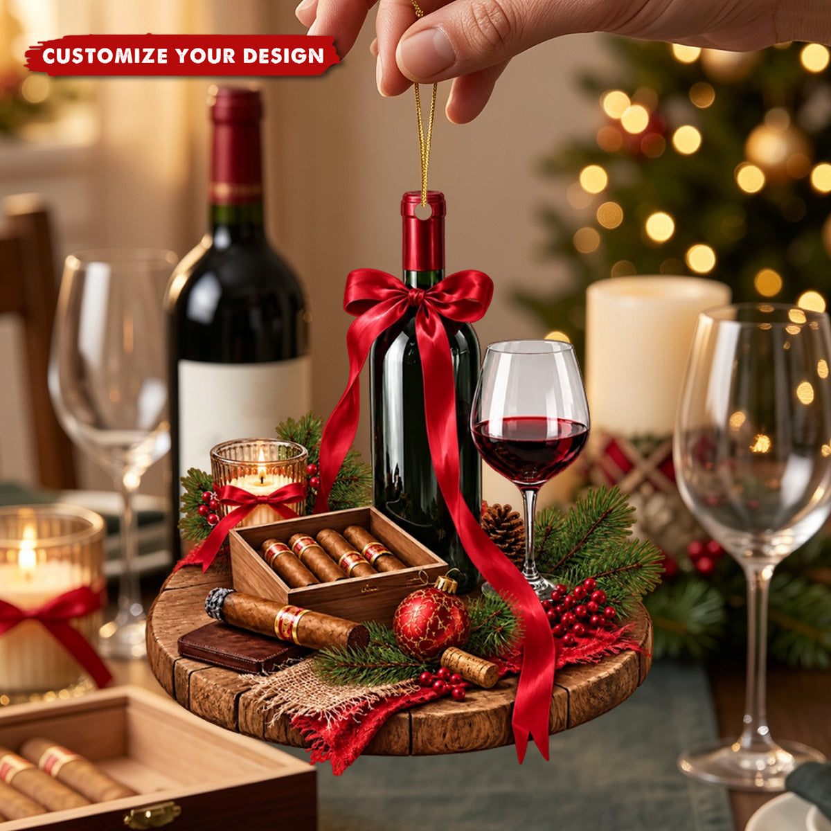 Personalized Christmas Red Wine Cigar Ornament - Custom Name Holiday Wine Lover Gift