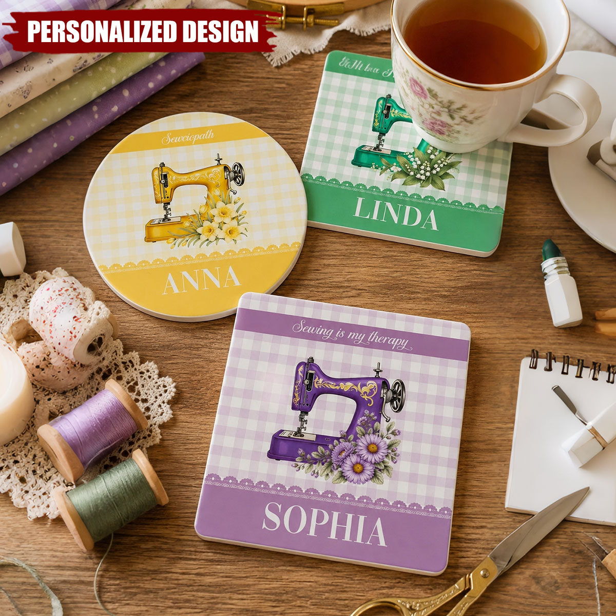 Personalized Sewing Lover Ceramic Coaster - Vintage Sewing Machine Themed Drink Coaster