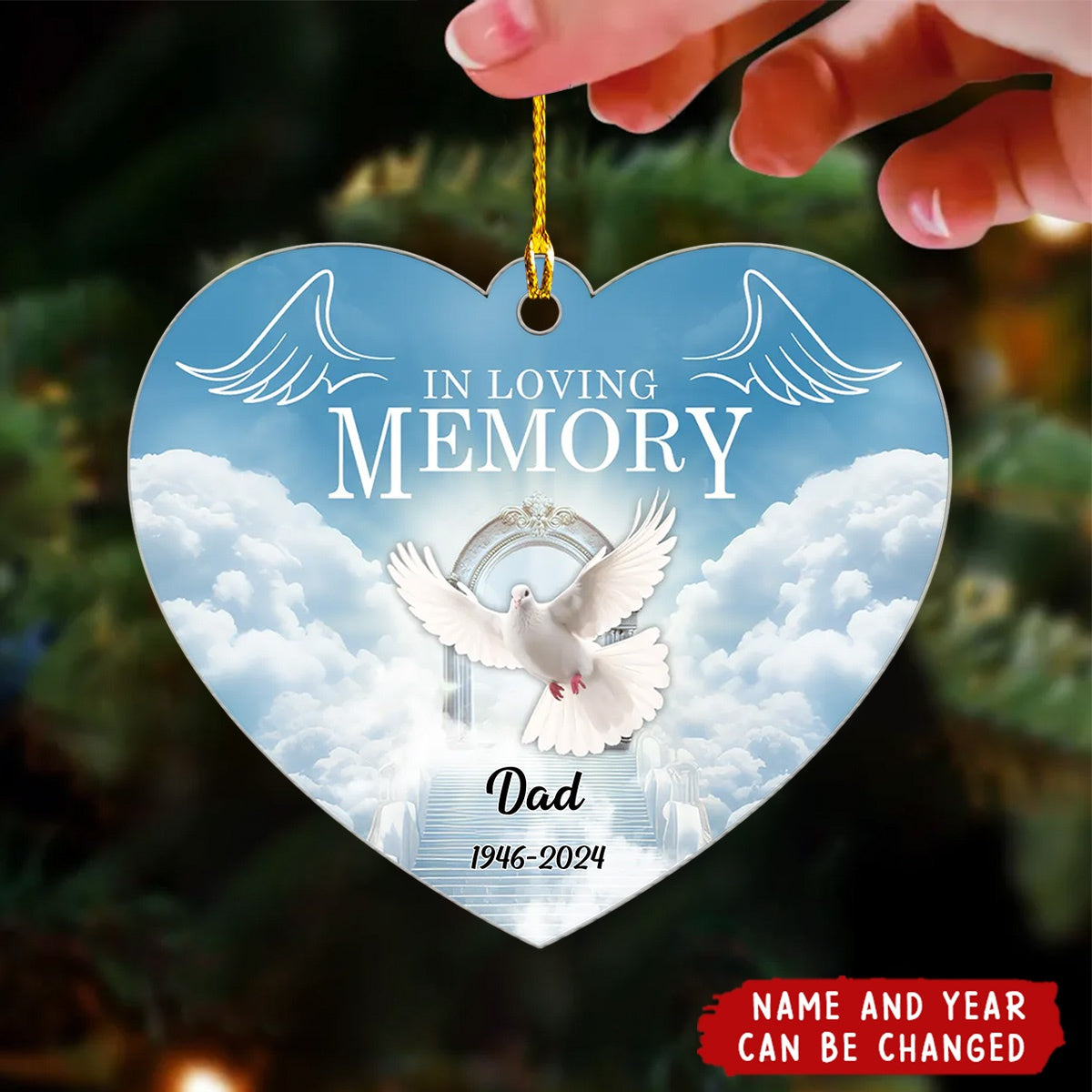 White Doves In Loving Memory Personalized Heart Shaped Acrylic Ornament
