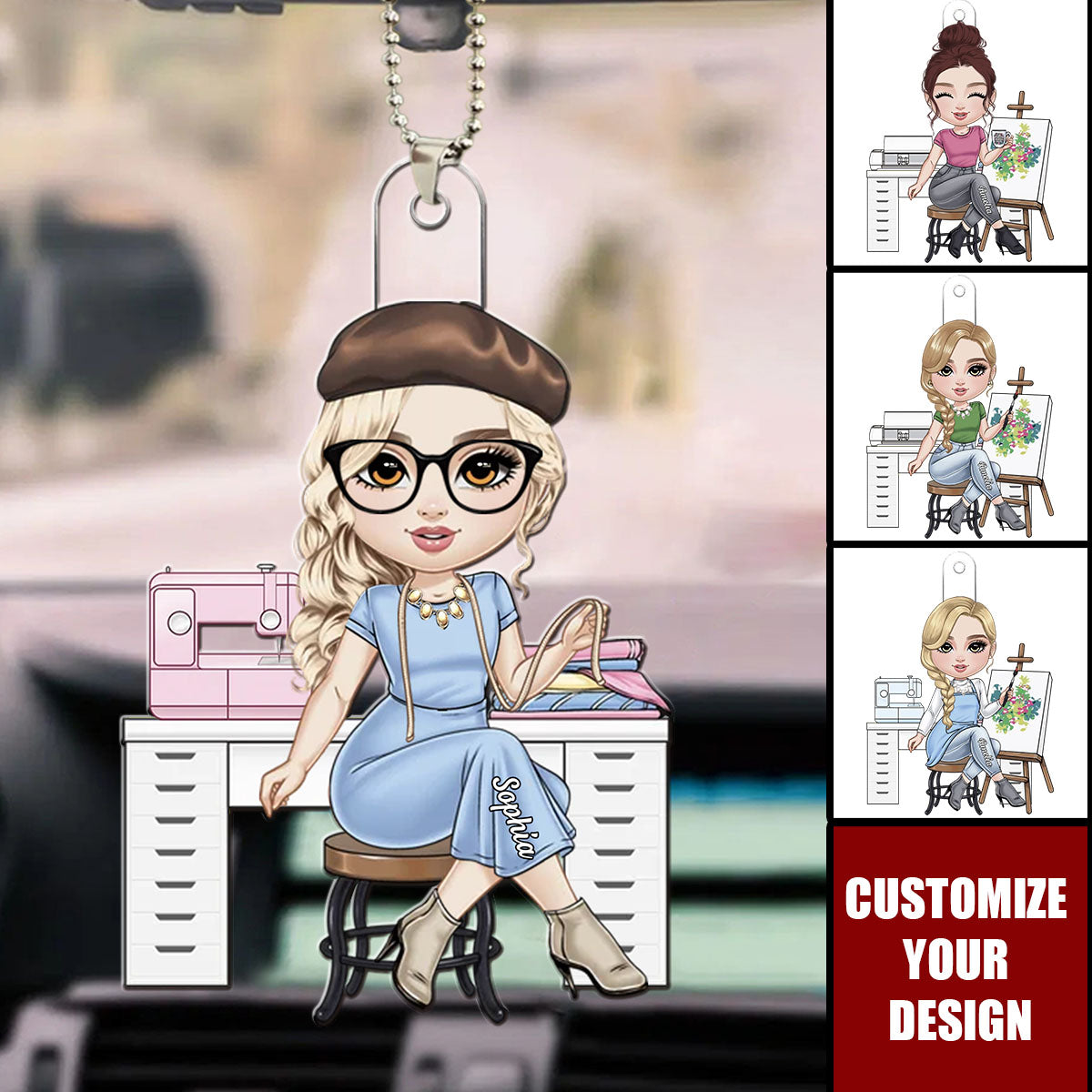 Cartoon Girl Love Sewing - Personalized Acrylic Ornament