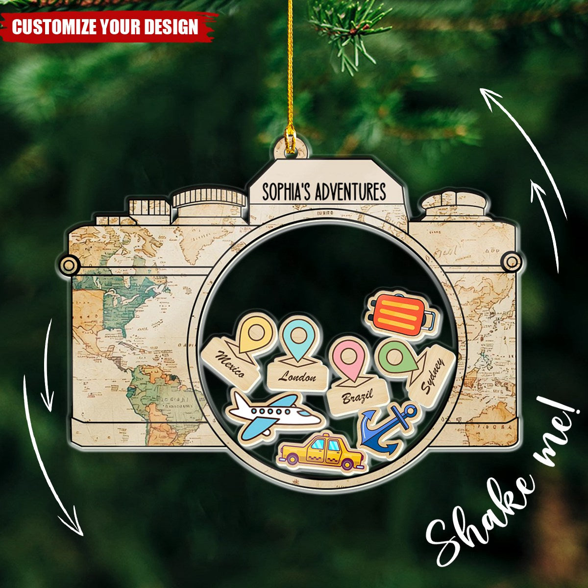 Personalized Travel Adventures Ornament, Travel Christmas Ornament, Custom Shaker Ornament