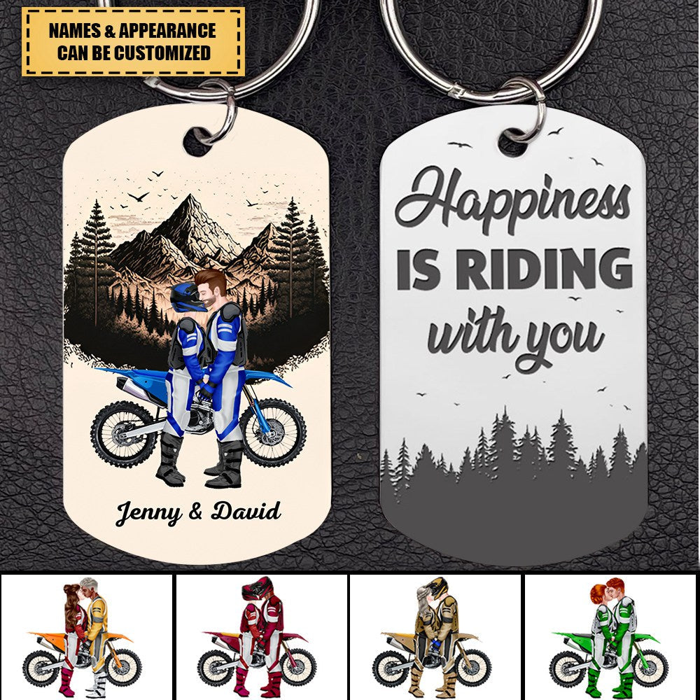 Happiness Is Riding With You, Couple Gift, Personalized Stainless Steel Engraved Keychain, Motor Couple Keychain