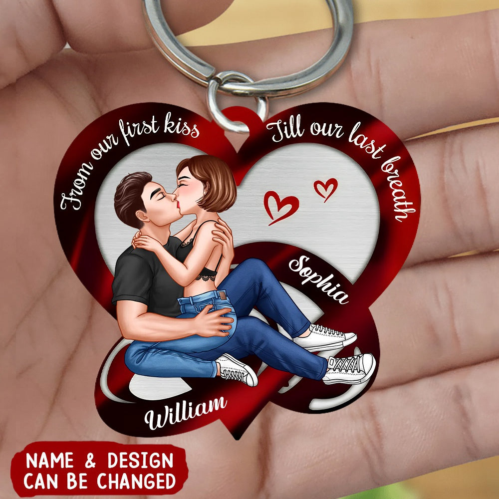 Couple Kissing Red Heart Rings Personalized Acrylic Keychain