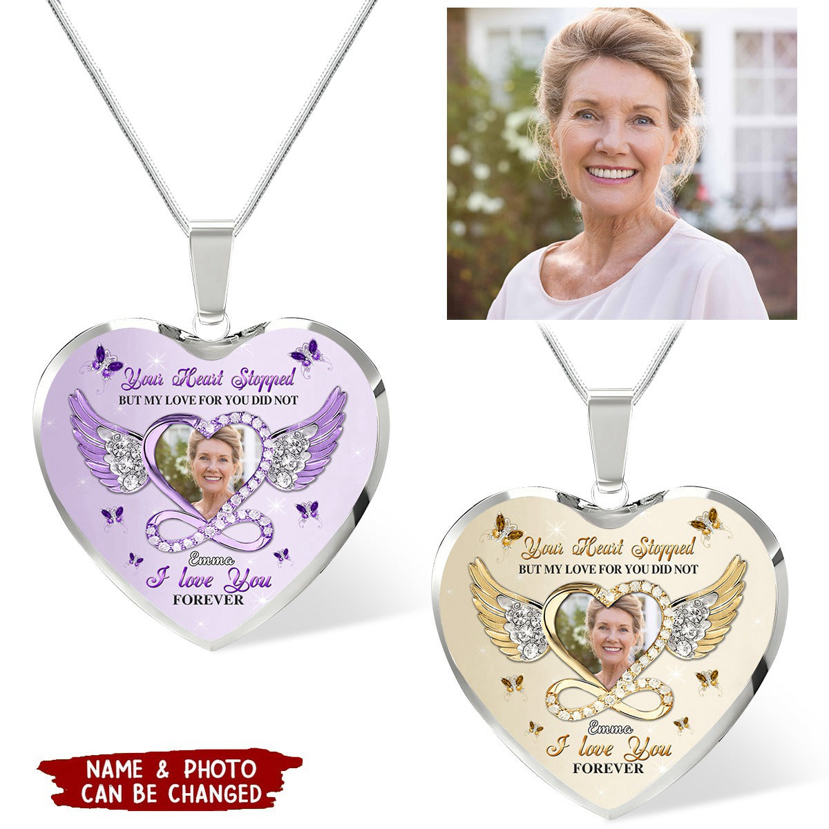 Sparkling Memorial Upload Photo Heart Wings Infinity, I Love You Forever Personalized Necklace