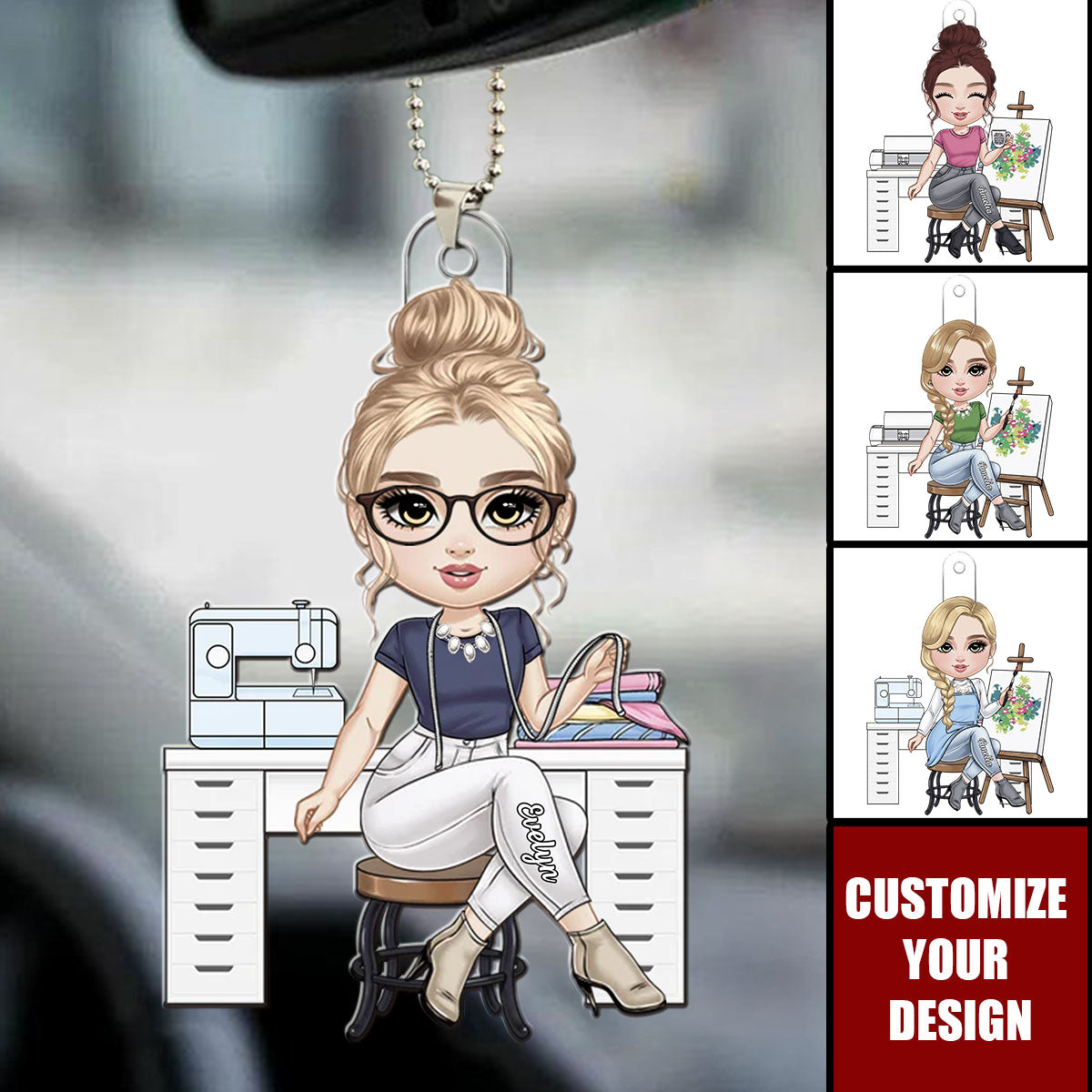 Cartoon Girl Love Sewing - Personalized Acrylic Ornament