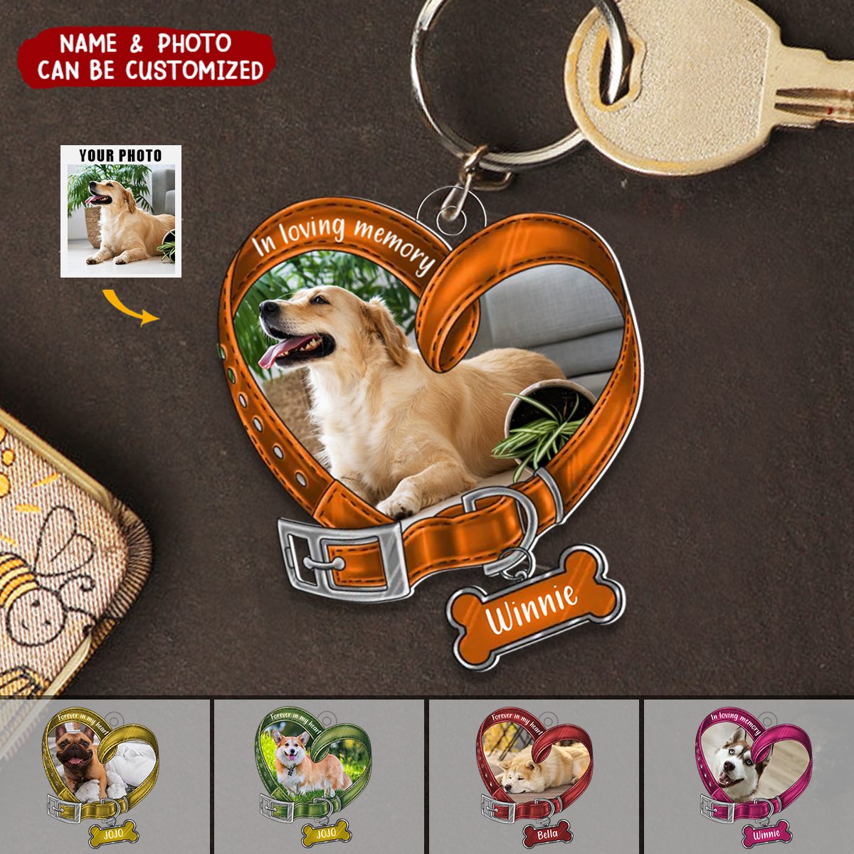Heart Shaped Dog Collar Memorial Personalized Photo Acrylic Keychain